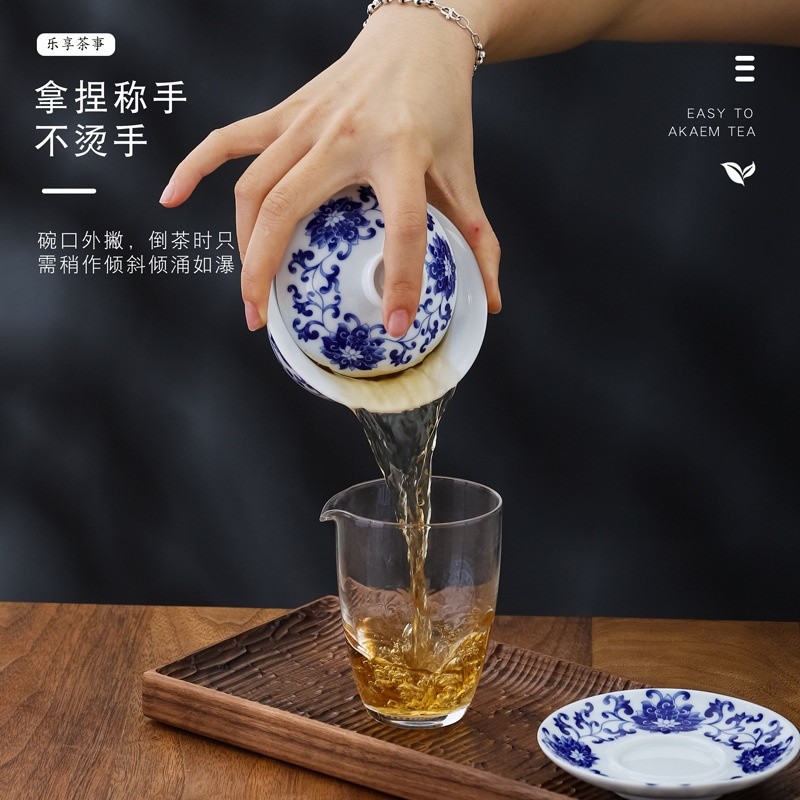 仿古青花釉中彩三才蓋碗茶杯陶瓷中式大號4.0寸手繪茶碗茶具批發-細節圖3