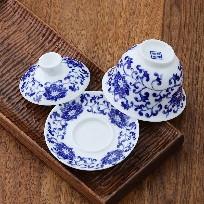 仿古青花釉中彩三才蓋碗茶杯陶瓷中式大號4.0寸手繪茶碗茶具批發-細節圖4