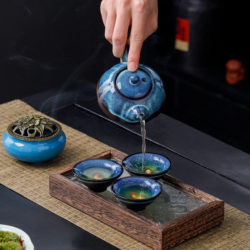 便攜旅行茶具套裝一壺三杯帶罐戶外快客杯泡茶壺窯變陶瓷魚杯茶具-細節圖3