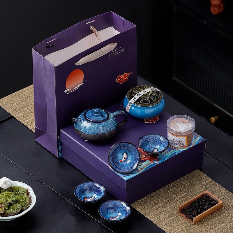 便攜旅行茶具套裝一壺三杯帶罐戶外快客杯泡茶壺窯變陶瓷魚杯茶具-細節圖4