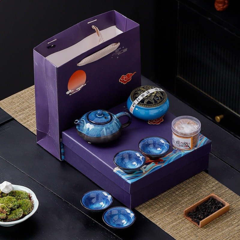 便攜旅行茶具套裝一壺三杯帶罐戶外快客杯泡茶壺窯變陶瓷魚杯茶具-規格圖5