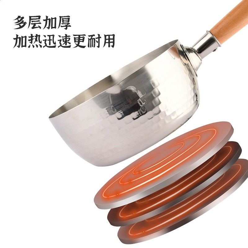 不鏽鋼雪平鍋零塗層多用料理鍋湯鍋木柄小奶鍋加厚三層泡麵鍋-細節圖3