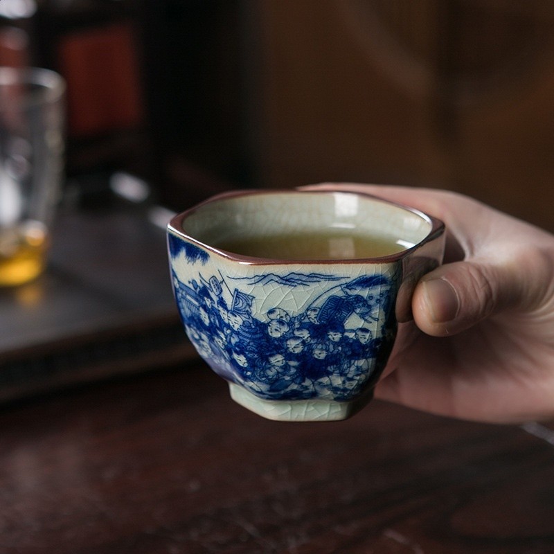 陶泥六方杯青花百子圖
