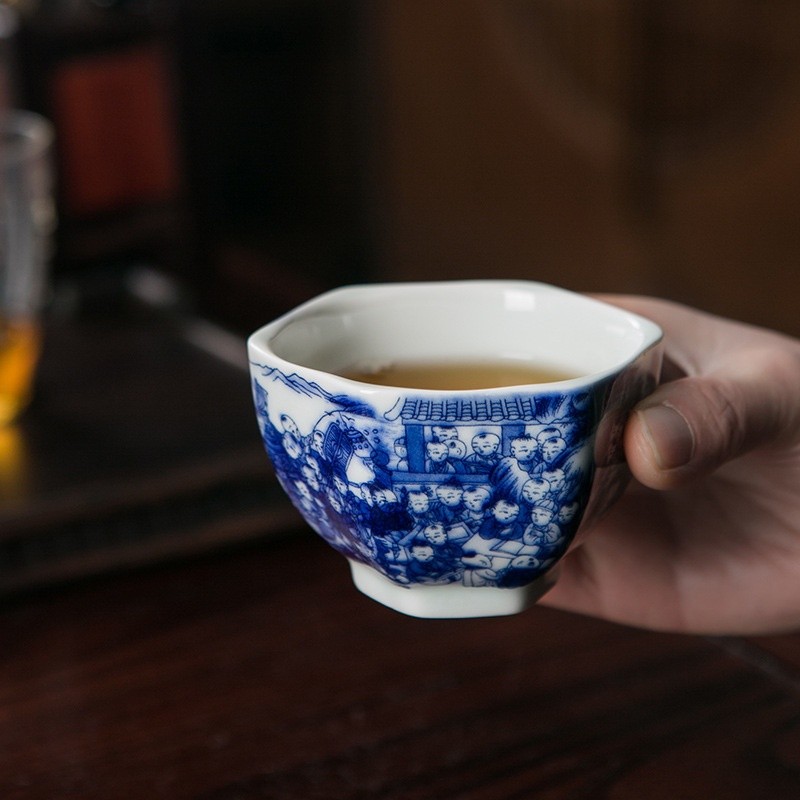 瓷泥六方杯青花百子圖