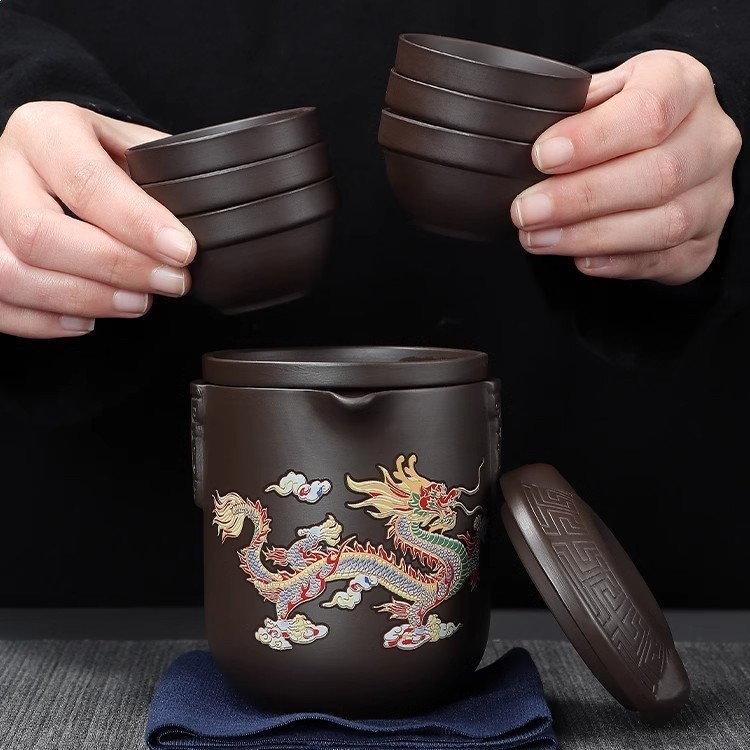 遇熱變色紫砂龍鳳旅行茶具戶外行動式快客杯收納泡茶直播產品清倉-細節圖3