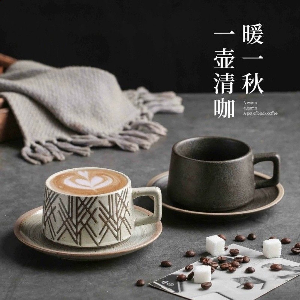 粗陶餐具杯碟套裝日式復古小精緻拿鐵咖啡杯家用早餐杯下午茶茶具-細節圖2