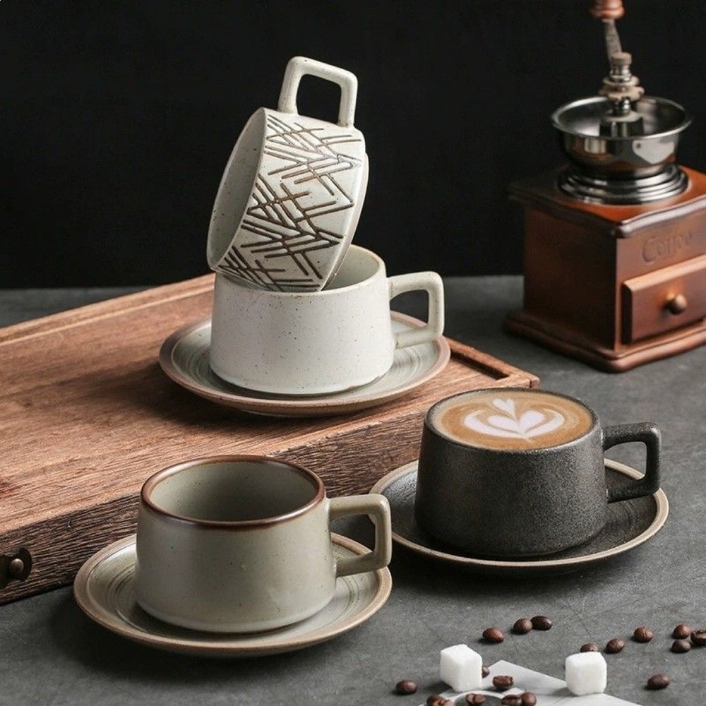 粗陶餐具杯碟套裝日式復古小精緻拿鐵咖啡杯家用早餐杯下午茶茶具-細節圖3