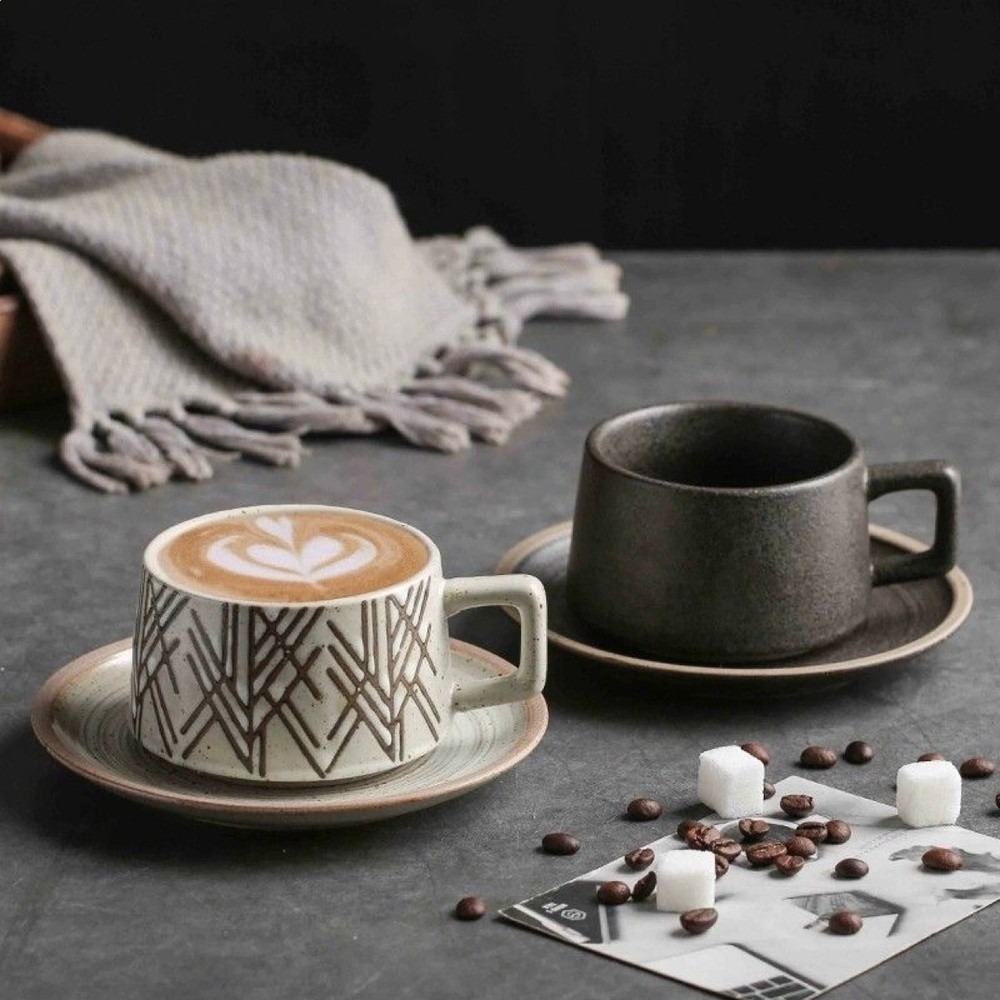 粗陶餐具杯碟套裝日式復古小精緻拿鐵咖啡杯家用早餐杯下午茶茶具-細節圖4
