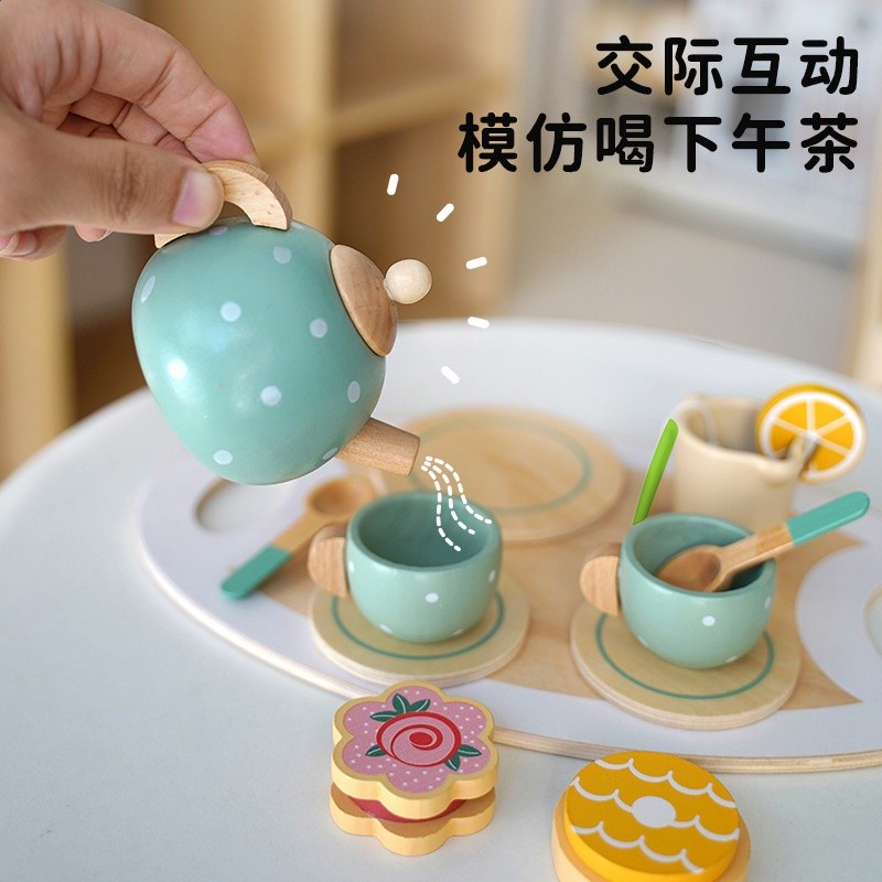 兒童過家家茶具組合下午茶甜品蛋糕泡茶壺杯茶具套裝木製玩具-細節圖3
