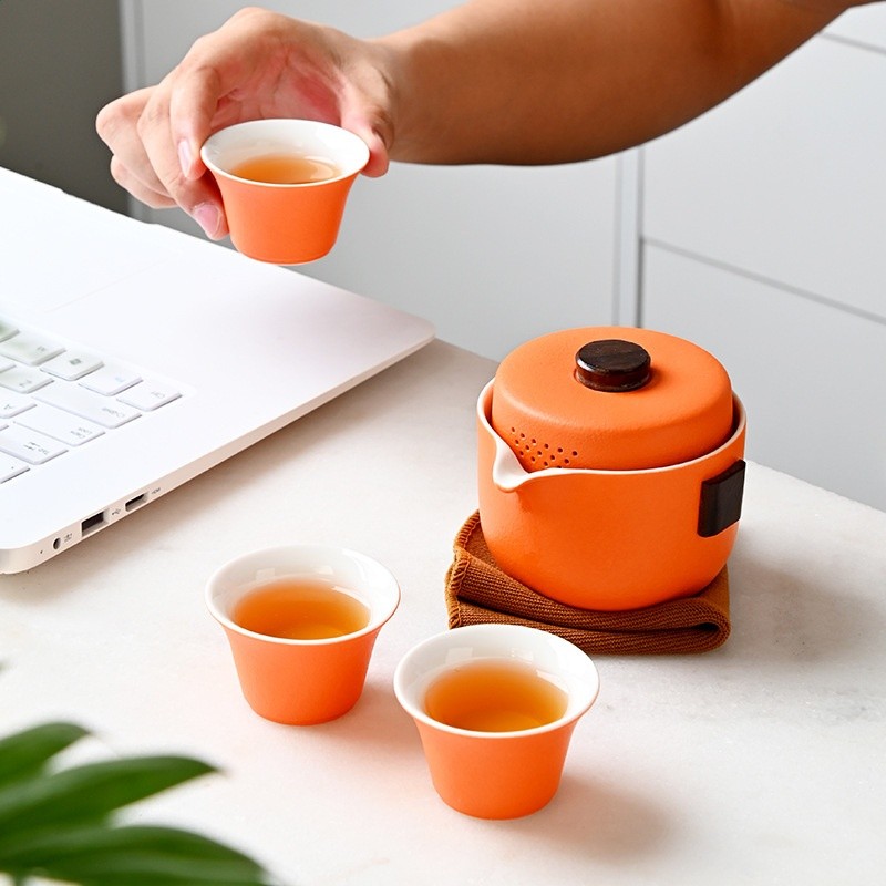 戶外旅行茶具套裝批發快客杯一壺三杯便攜陶瓷商務伴手禮品泡茶壺-細節圖4