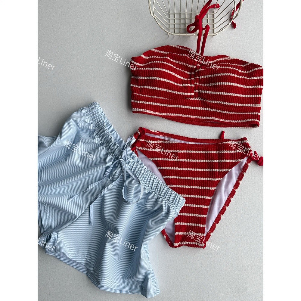 泰國條紋比基尼三件套平口辣妹泳衣女高階感泳裝溫泉度假分體保守-細節圖5