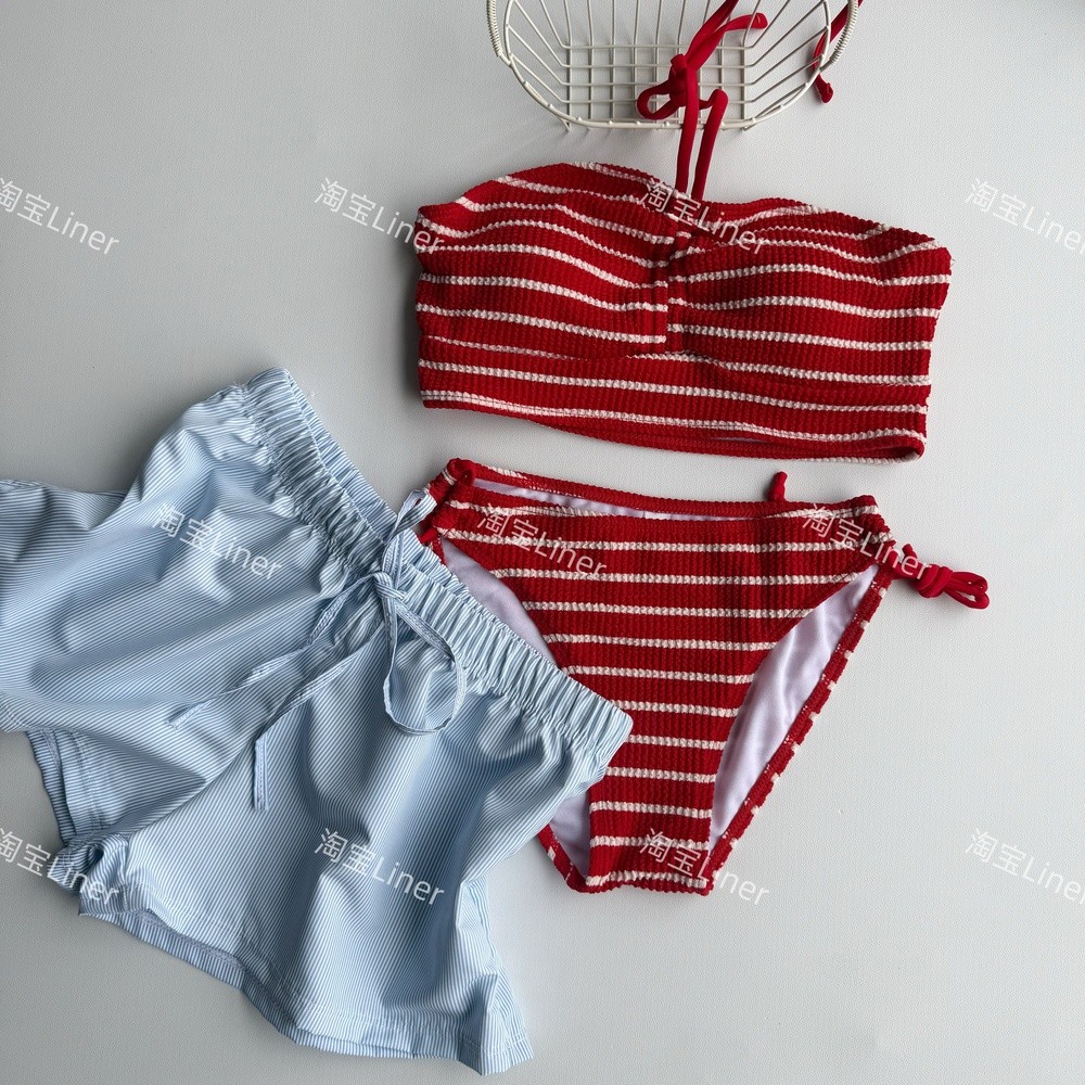 泰國條紋比基尼三件套平口辣妹泳衣女高階感泳裝溫泉度假分體保守-規格圖5
