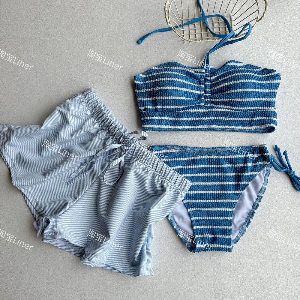 泰國條紋比基尼三件套平口辣妹泳衣女高階感泳裝溫泉度假分體保守-規格圖5