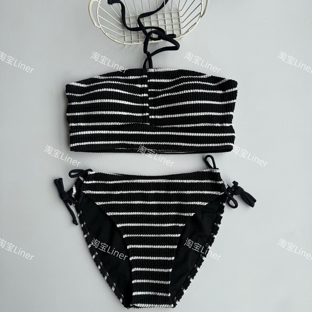 泰國條紋比基尼三件套平口辣妹泳衣女高階感泳裝溫泉度假分體保守-規格圖5