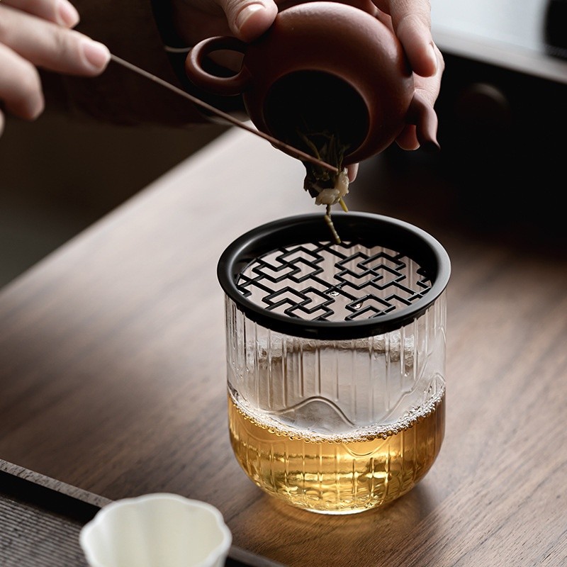 日式玻璃建水茶洗加厚圓形水盂帶蓋過濾茶道配件壺承小茶桶茶具-細節圖3