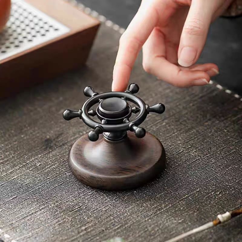 黑檀木創意船舵蓋置茶具配件擺件茶道零配指尖陀螺蓋置-細節圖2