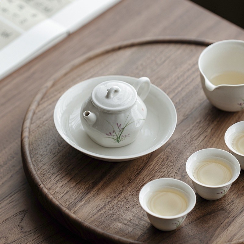 中式手繪蘭花儲水壺承養壺幹泡臺單層小茶盤陶瓷蓋碗底託茶具配件-細節圖2