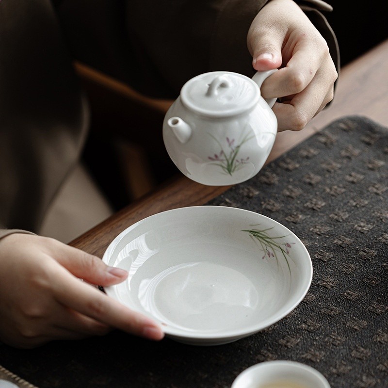中式手繪蘭花儲水壺承養壺幹泡臺單層小茶盤陶瓷蓋碗底託茶具配件-細節圖3