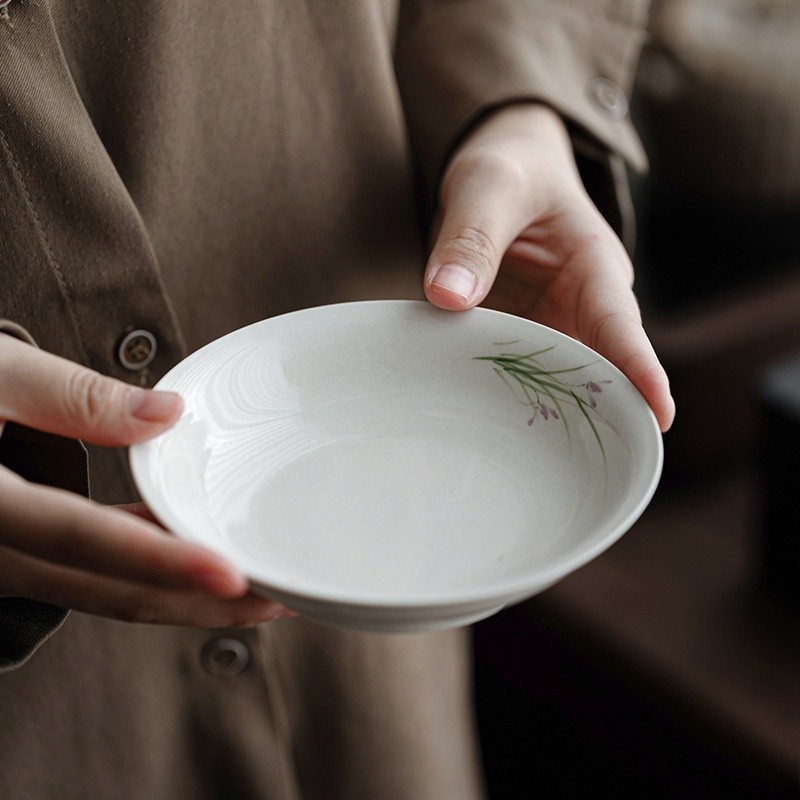 中式手繪蘭花儲水壺承養壺幹泡臺單層小茶盤陶瓷蓋碗底託茶具配件-細節圖4