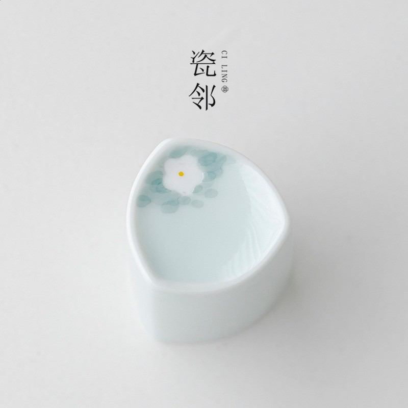 瓷鄰 手繪影青春雪蓋置蓋託浮雕壺蓋子託陶瓷茶具墊子茶道零配件-細節圖2