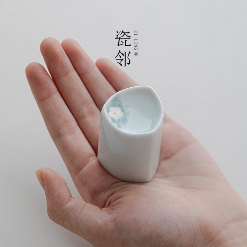 瓷鄰 手繪影青春雪蓋置蓋託浮雕壺蓋子託陶瓷茶具墊子茶道零配件-細節圖4