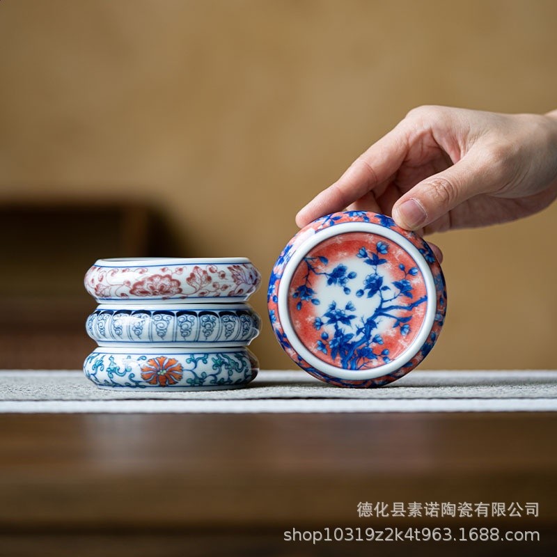 中式復古茶杯蓋置青花茶具配件茶道杯墊杯託陶瓷青花瓷主人杯鬥彩-細節圖2