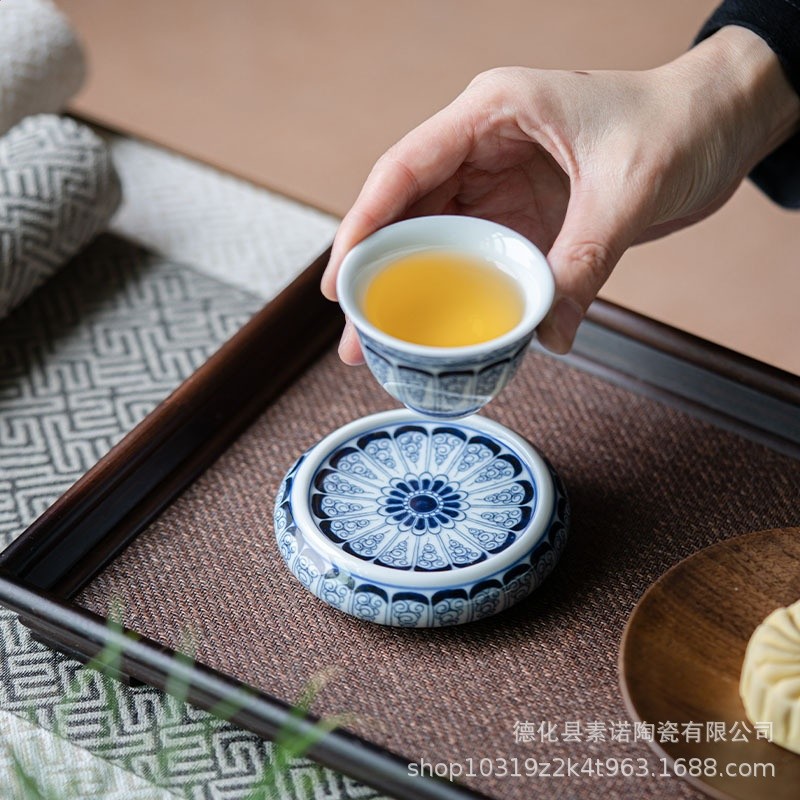 中式復古茶杯蓋置青花茶具配件茶道杯墊杯託陶瓷青花瓷主人杯鬥彩-細節圖3