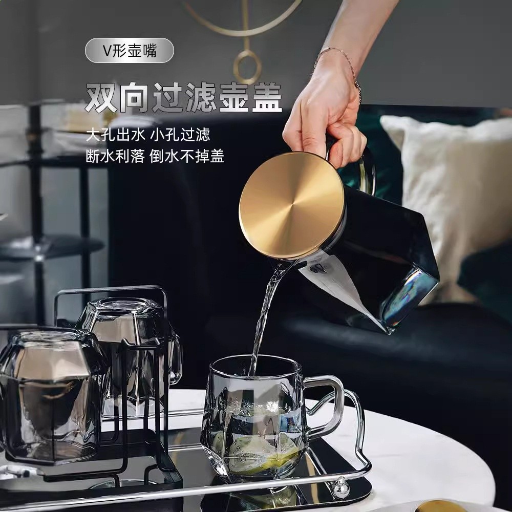 家用菸灰色鑽石玻璃冷水壺客廳待客茶杯套裝大容量冷水壺茶具套裝-細節圖4