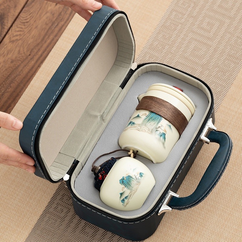 汝窯茶具陶瓷快客杯戶外便攜旅行茶具一壺三杯家用伴手禮商務禮品-細節圖3