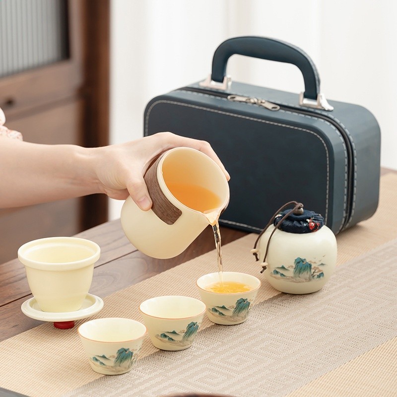 汝窯茶具陶瓷快客杯戶外便攜旅行茶具一壺三杯家用伴手禮商務禮品-細節圖4