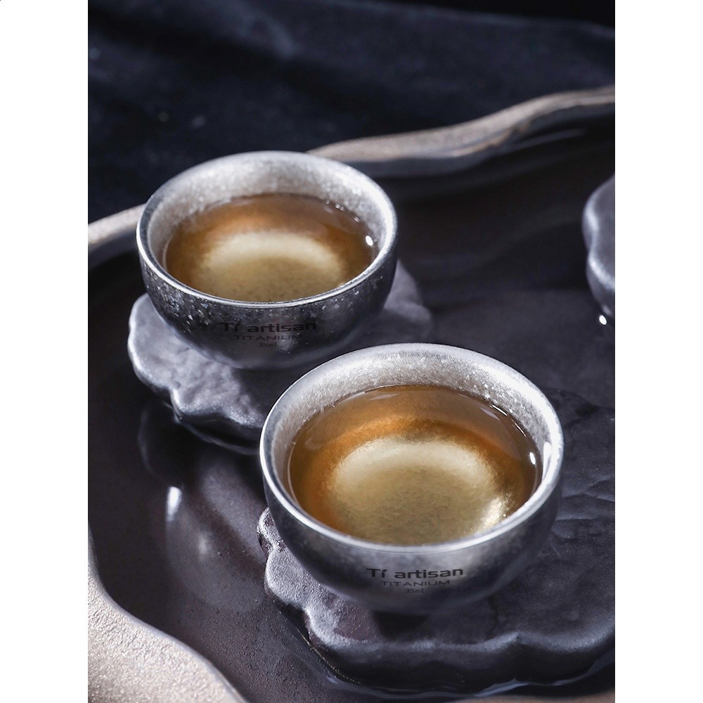 鈦工匠純鈦雙層小茶杯家用防燙冰花鈦杯戶外露營茶具主人杯鈦水杯-細節圖3