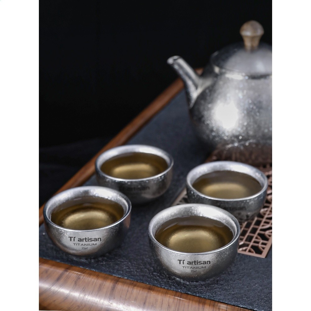 鈦工匠純鈦雙層小茶杯家用防燙冰花鈦杯戶外露營茶具主人杯鈦水杯-細節圖5