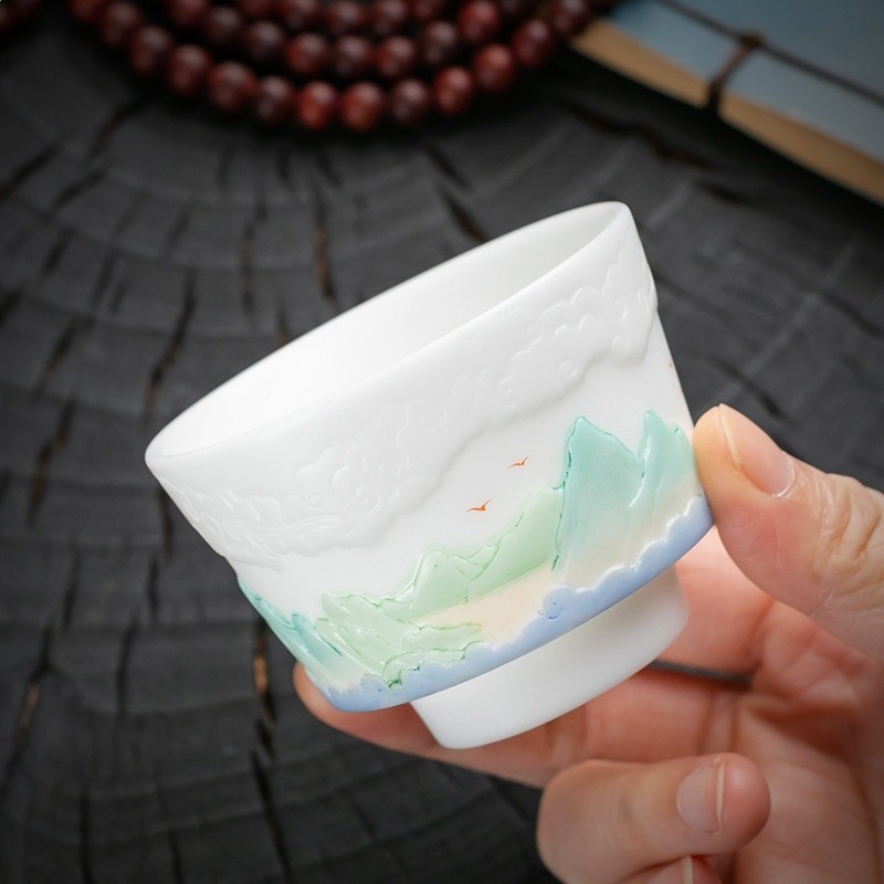 冰種羊脂玉手繪高階主人杯單杯功夫茶杯子套裝陶瓷茶具送禮盒白瓷-細節圖3