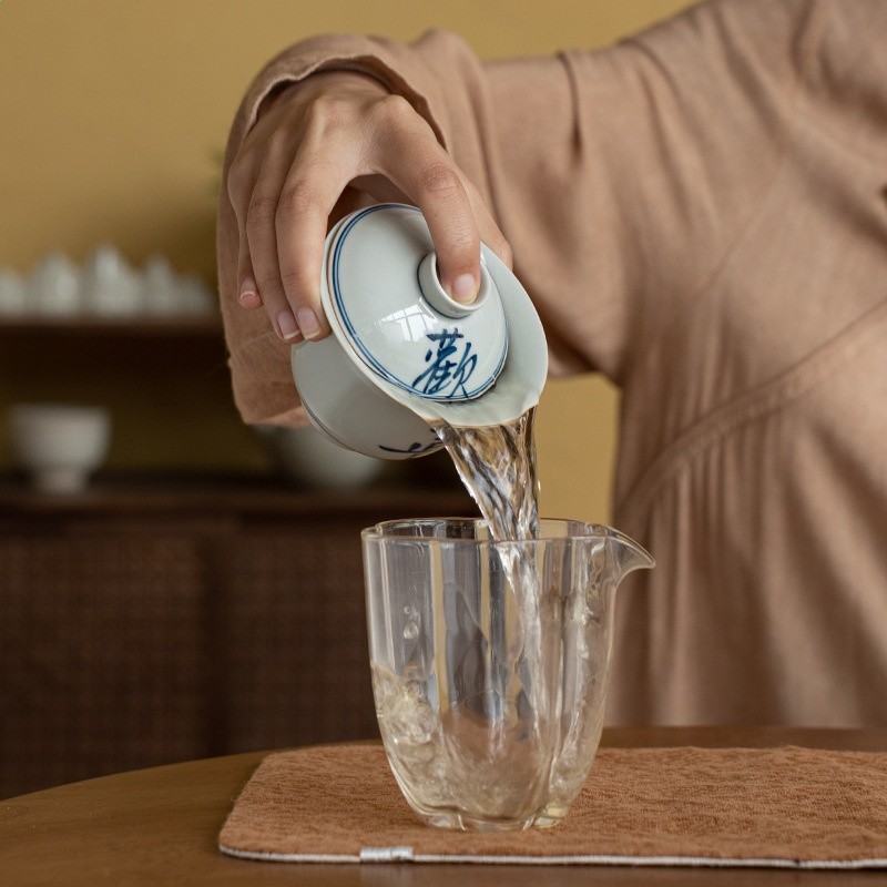 仿古青手寫歡喜二才蓋碗茶杯陶瓷手繪釉下彩功夫茶具泡茶碗茶具-細節圖3