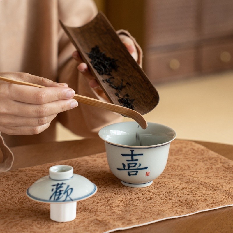 仿古青手寫歡喜二才蓋碗茶杯陶瓷手繪釉下彩功夫茶具泡茶碗茶具-細節圖4