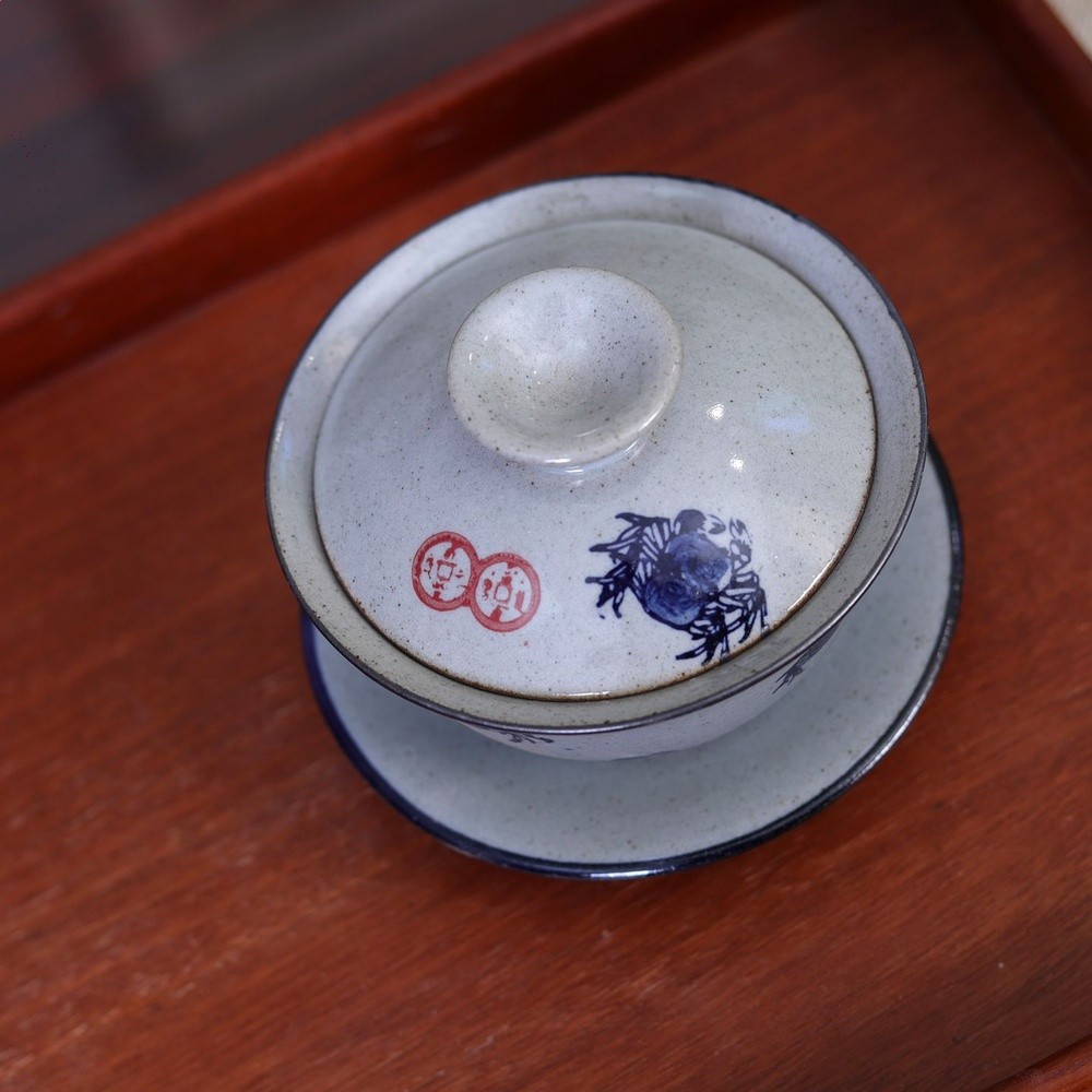 亦紫陶粗陶手繪蓋碗三才杯泡茶碗仿古工夫茶具國潮風荷花螃蟹圖-細節圖2