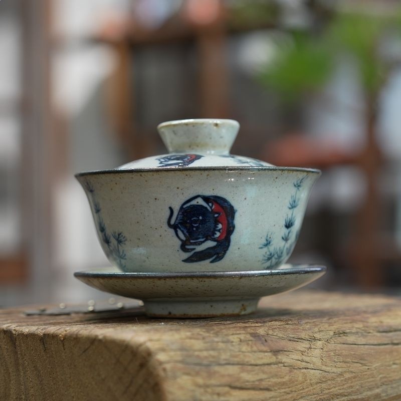 亦紫陶粗陶手繪蓋碗三才杯泡茶碗仿古工夫茶具國潮風荷花螃蟹圖-規格圖5