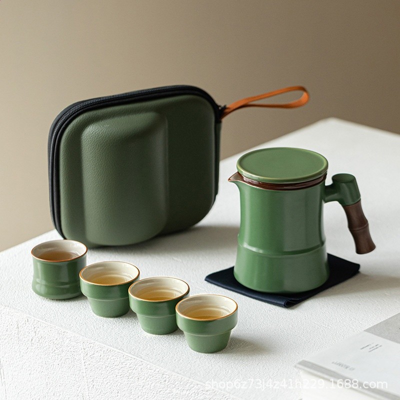 便攜旅行茶具小套裝青竹泡茶壺茶杯簡易陶瓷戶外包快客杯一壺四杯-細節圖2