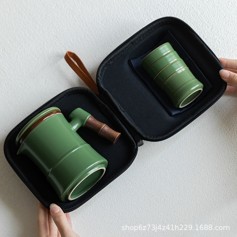 便攜旅行茶具小套裝青竹泡茶壺茶杯簡易陶瓷戶外包快客杯一壺四杯-細節圖3