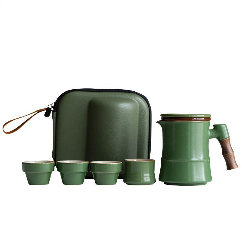 便攜旅行茶具小套裝青竹泡茶壺茶杯簡易陶瓷戶外包快客杯一壺四杯-細節圖5