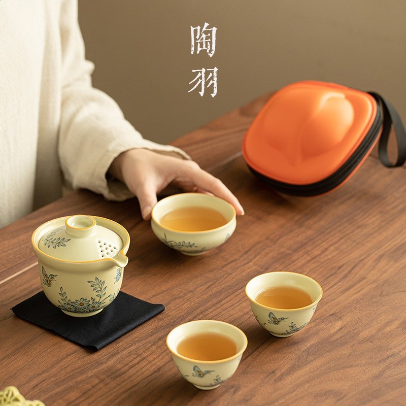 仿宋汝窯花飛碟舞旅行茶具一壺三杯家使用者外手抓壺茶杯便攜快客杯-細節圖2