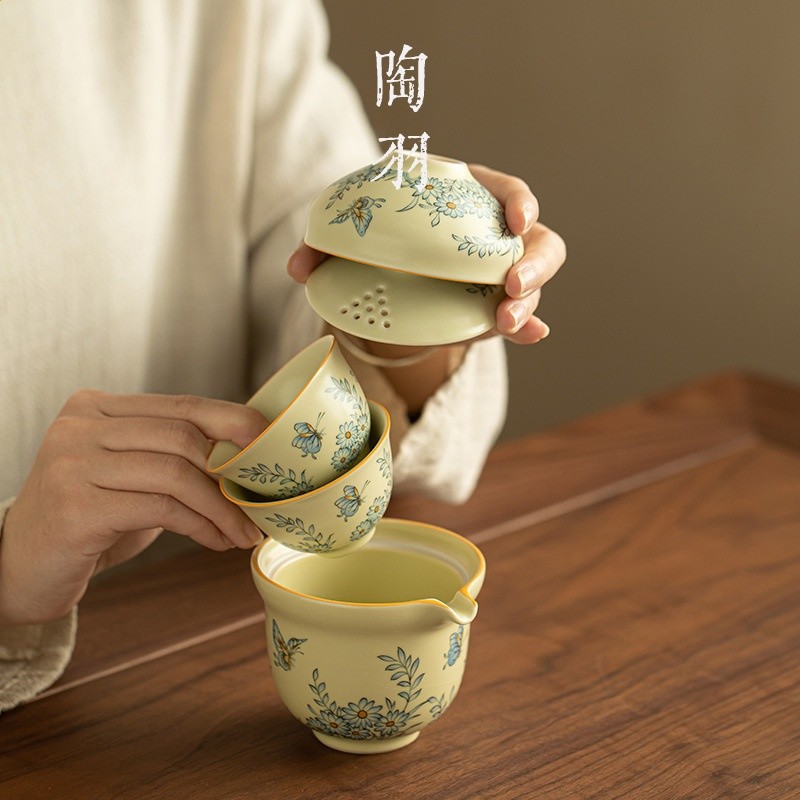 仿宋汝窯花飛碟舞旅行茶具一壺三杯家使用者外手抓壺茶杯便攜快客杯-細節圖3