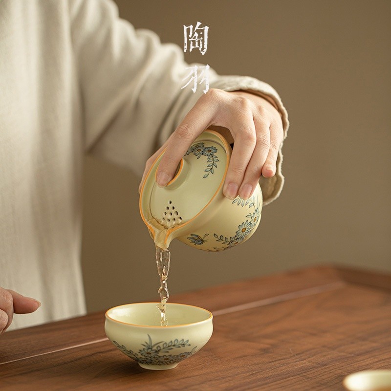 仿宋汝窯花飛碟舞旅行茶具一壺三杯家使用者外手抓壺茶杯便攜快客杯-細節圖4