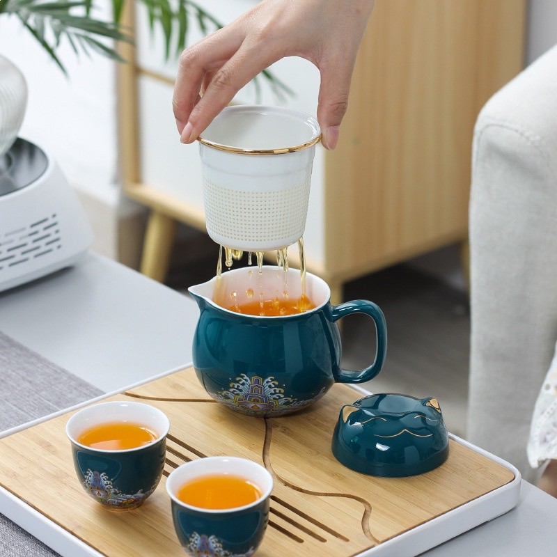 便攜快客杯一壺二杯貓咪旅行茶具小套裝戶外包露營功夫泡茶壺茶杯-細節圖3
