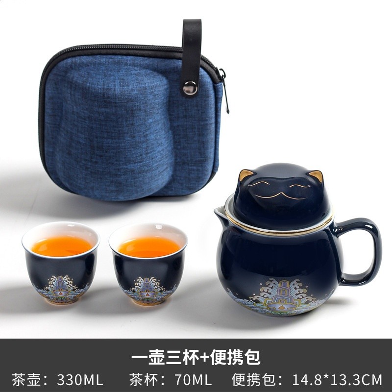 招財貓快客杯一壺二杯-霽藍