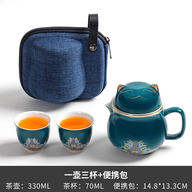 招財貓快客杯一壺二杯-孔雀綠