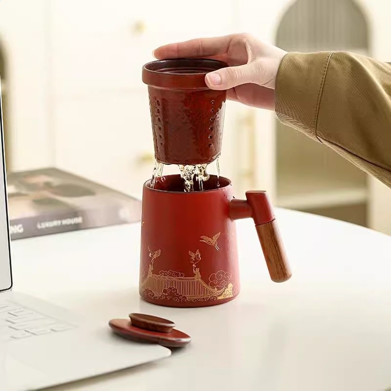 鶴鳴青雲陶瓷辦公杯旅行茶具套裝泡茶杯茶辦公室高階禮盒紀念品-細節圖3
