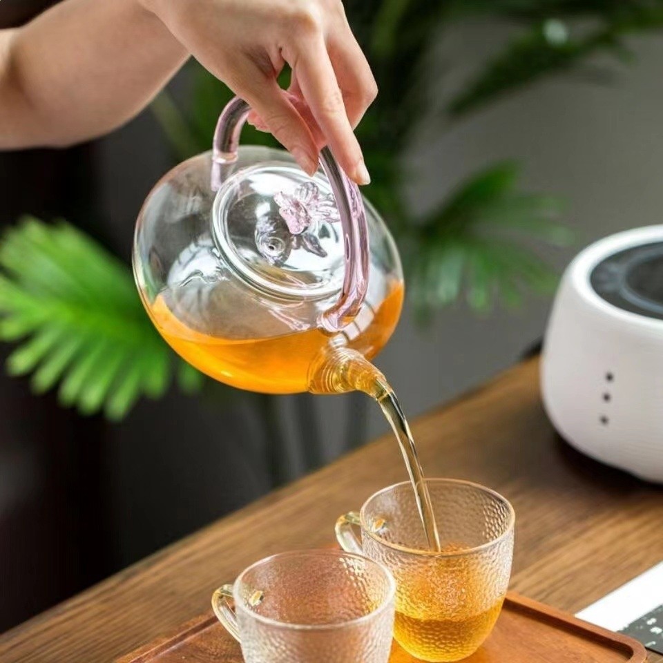 粉色蝴蝶提樑壺煮茶高硼矽玻璃泡茶耐熱過濾茶具養生壺單壺-細節圖2