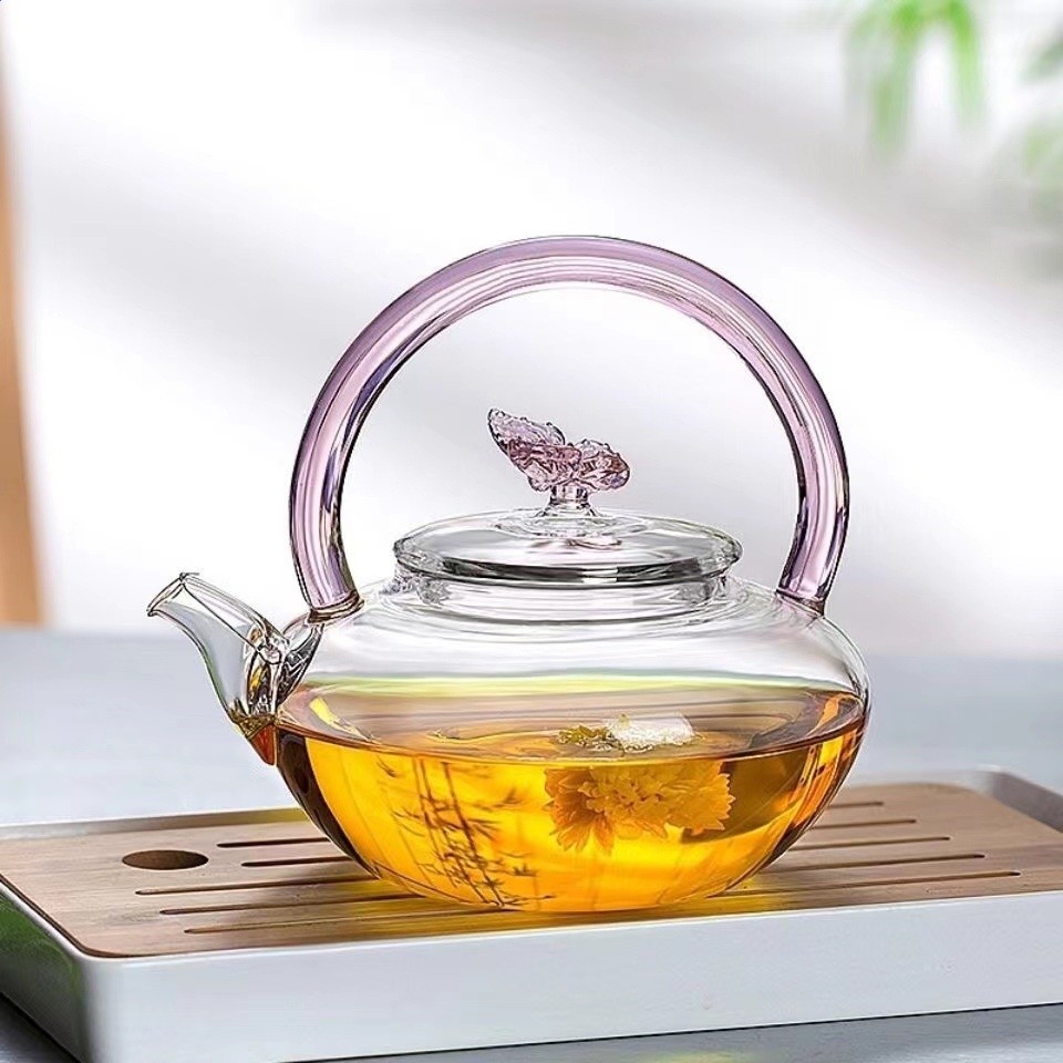 粉色蝴蝶提樑壺煮茶高硼矽玻璃泡茶耐熱過濾茶具養生壺單壺-細節圖3