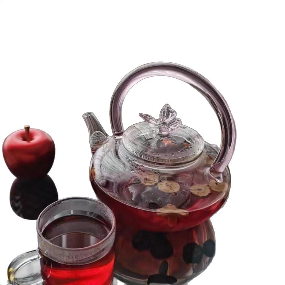 粉色蝴蝶提樑壺煮茶高硼矽玻璃泡茶耐熱過濾茶具養生壺單壺-細節圖5